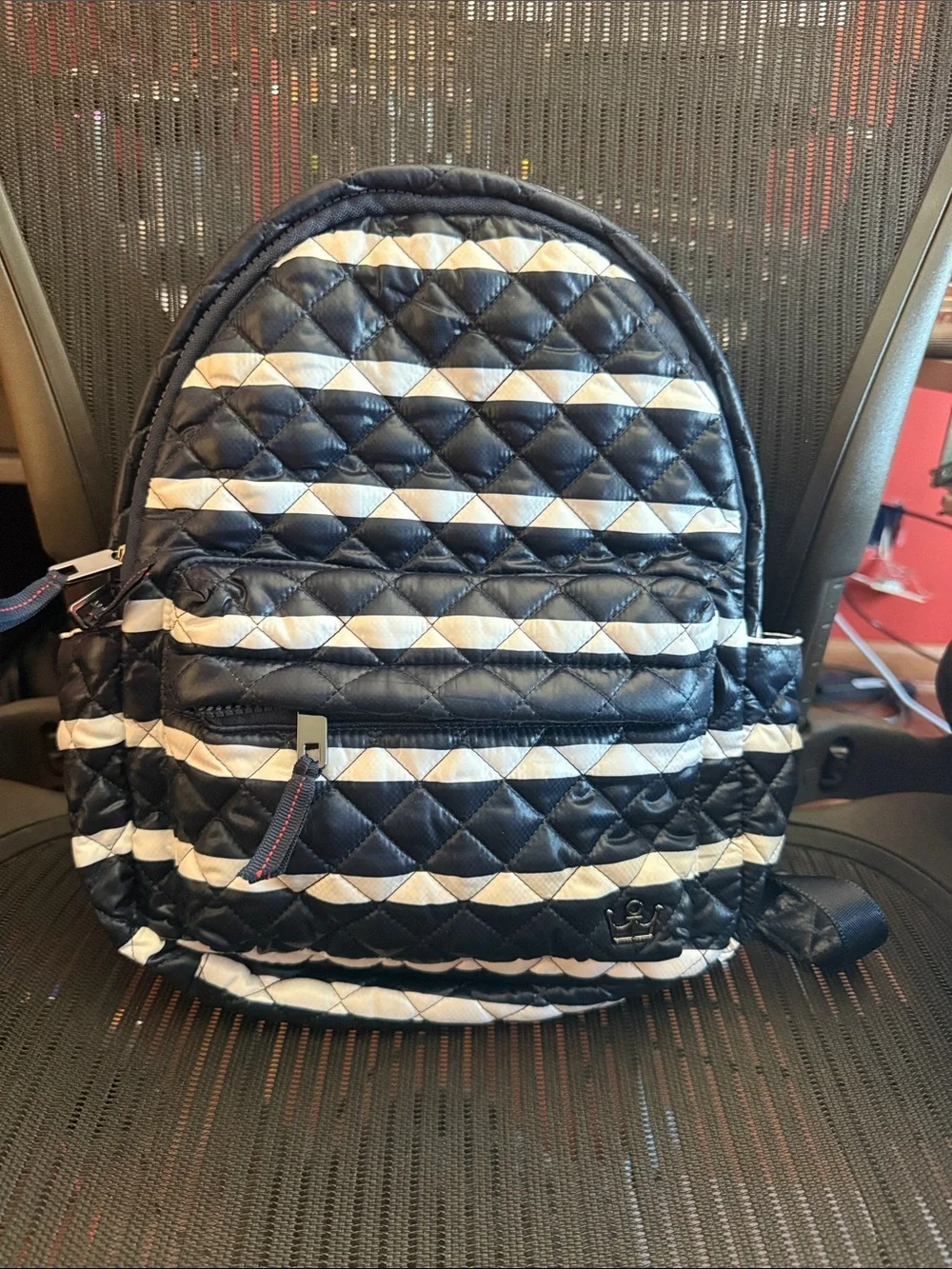 ⁠OLIVER THOMAS Quilted Backpack Black White Stripe Red Lining Washable